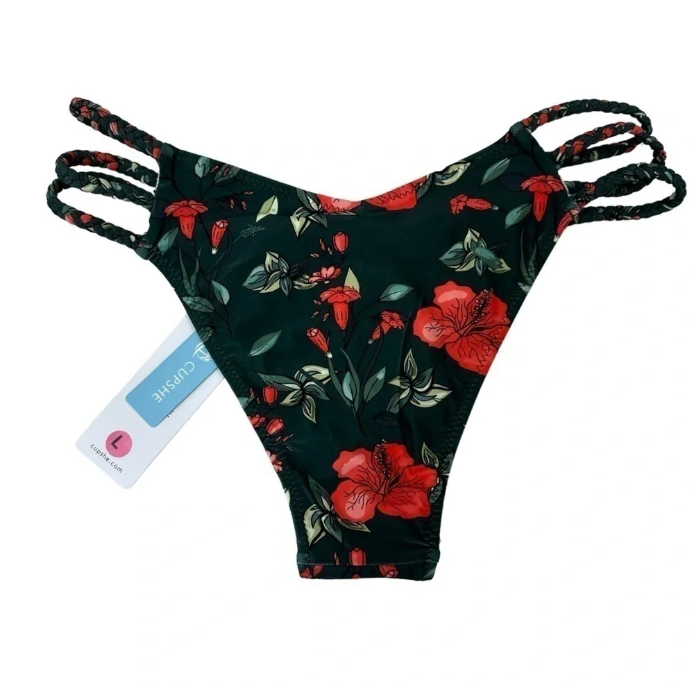 Cupshe Green Floral Bikini Swim Bottoms, Large